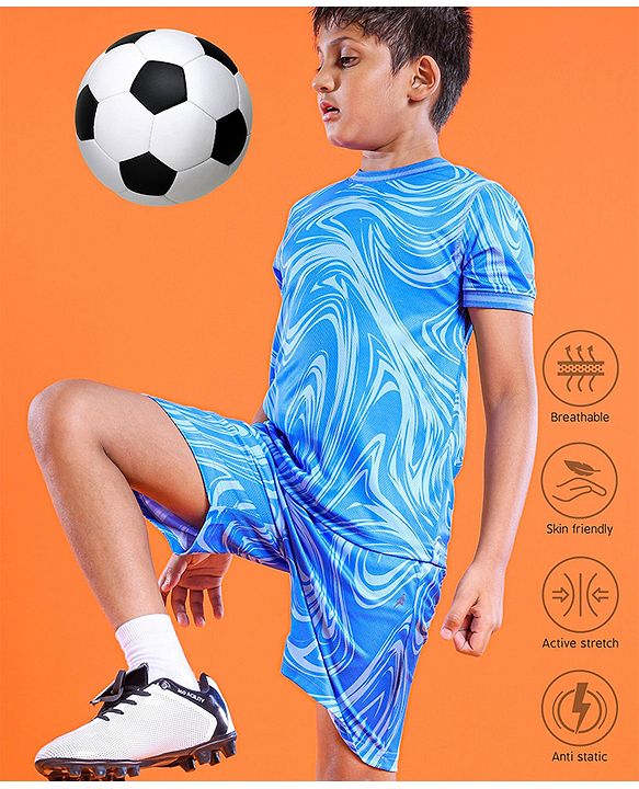 Pine Active Half Sleeves Knitted Athleisure T-Shirt & Shorts Set Marble Print - Blue