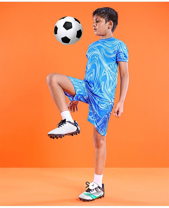 Pine Active Half Sleeves Knitted Athleisure T-Shirt & Shorts Set Marble Print - Blue