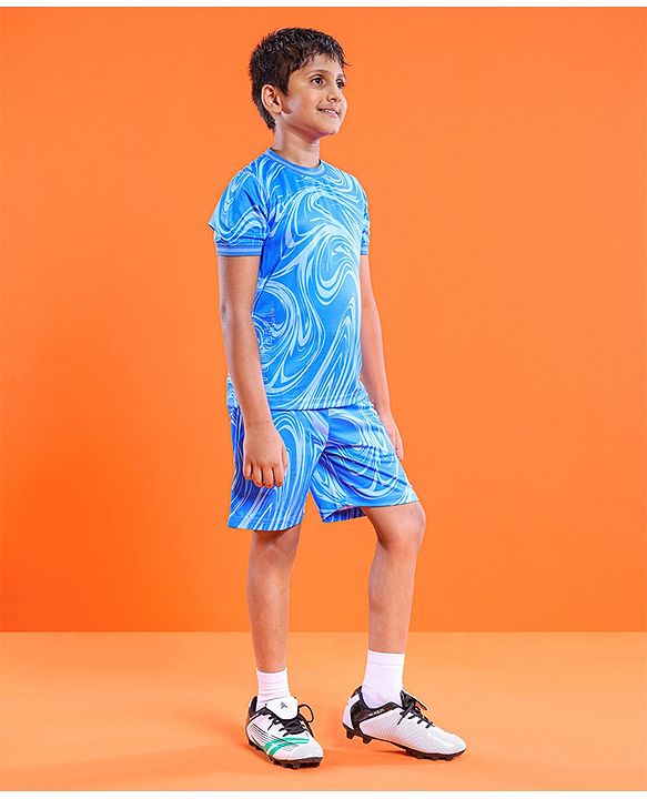 Pine Active Half Sleeves Knitted Athleisure T-Shirt & Shorts Set Marble Print - Blue
