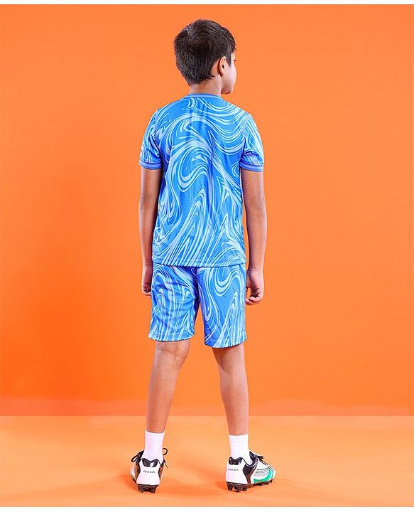 Pine Active Half Sleeves Knitted Athleisure T-Shirt & Shorts Set Marble Print - Blue