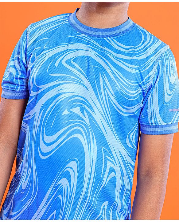 Pine Active Half Sleeves Knitted Athleisure T-Shirt & Shorts Set Marble Print - Blue
