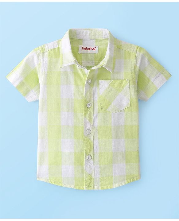 Babyhug 100% Cotton Woven Half Sleeve Regular Collar One Pocket Checked Shirt - Yellow