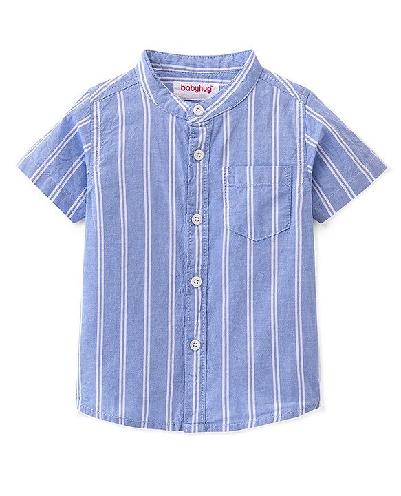 Babyhug 100% Cotton Woven Half Sleeves Mandarin Collar Stripe Shirt- Blue