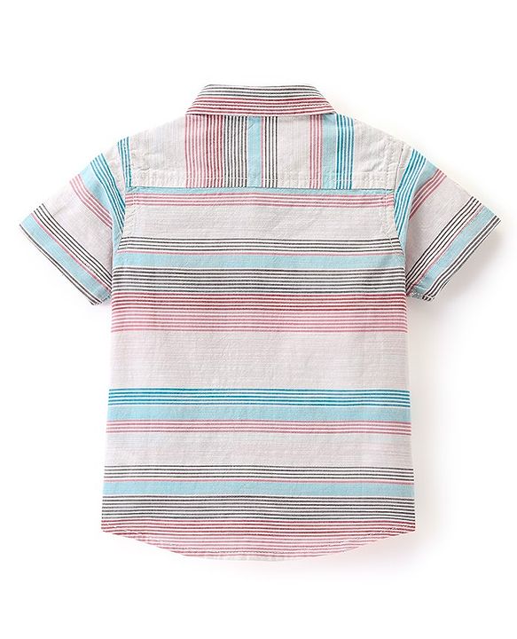 Babyhug 100% Cotton Woven Half Sleeves Mandarin Collar Stripe Shirt- Multicolour