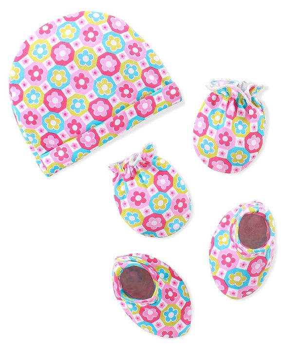 Babyhug 100% Cotton Knitted Cap Mittens & Booties with Floral Print- Pink