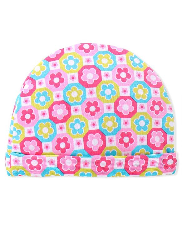 Babyhug 100% Cotton Knitted Cap Mittens & Booties with Floral Print- Pink
