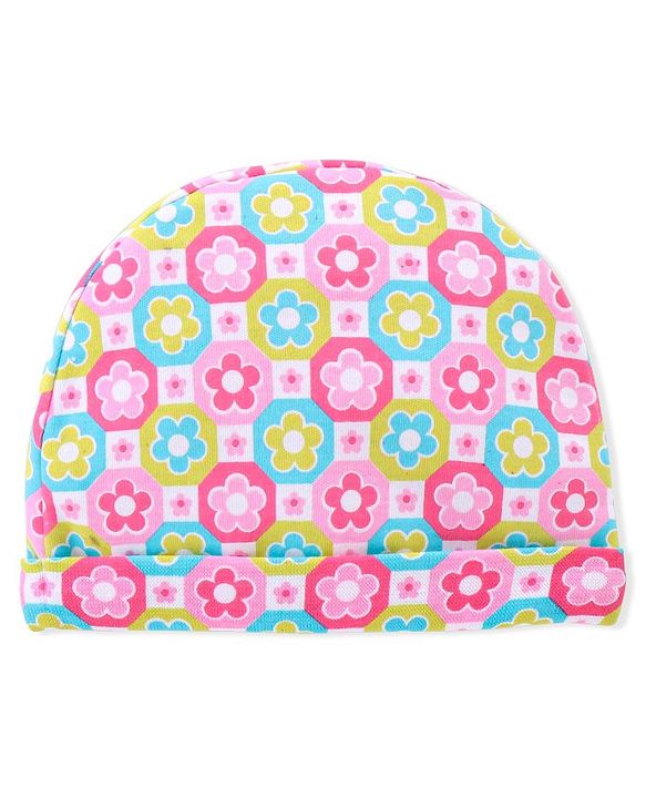 Babyhug 100% Cotton Knitted Cap Mittens & Booties with Floral Print- Pink