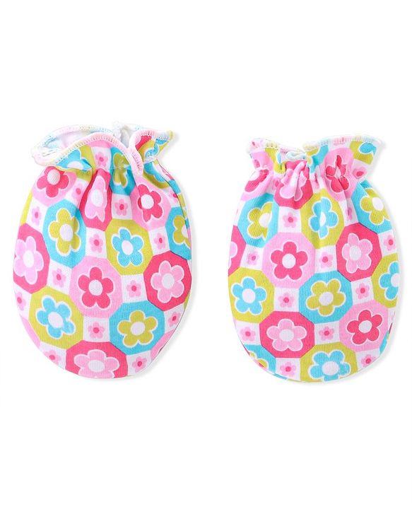 Babyhug 100% Cotton Knitted Cap Mittens & Booties with Floral Print- Pink