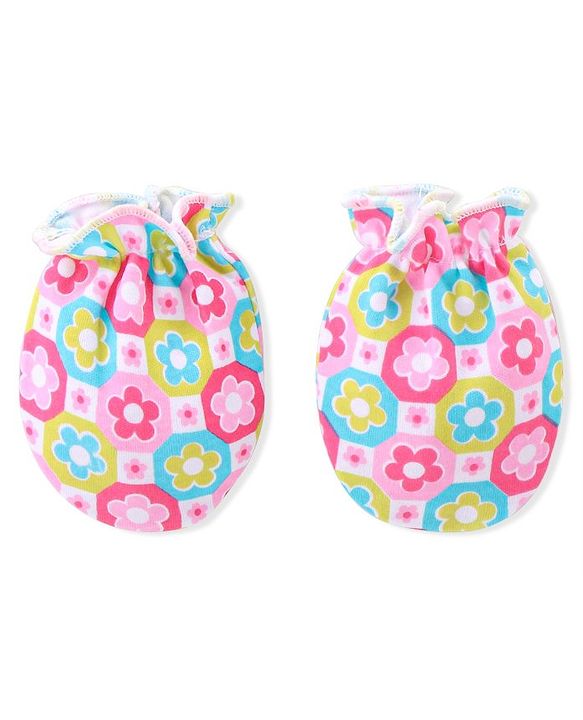 Babyhug 100% Cotton Knitted Cap Mittens & Booties with Floral Print- Pink