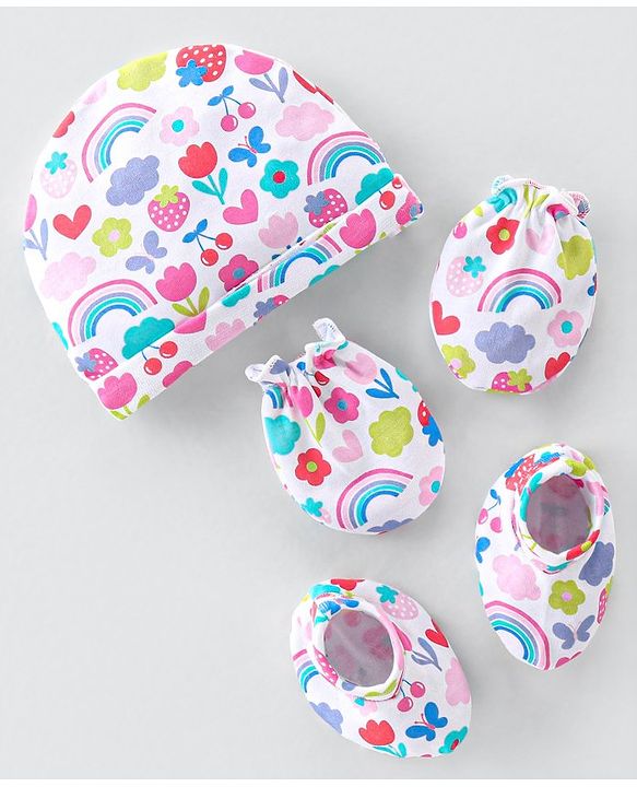 Babyhug 100% Cotton Knit Cap Mittens & Booties  Rainbow Print White - Diameter 11.5cm