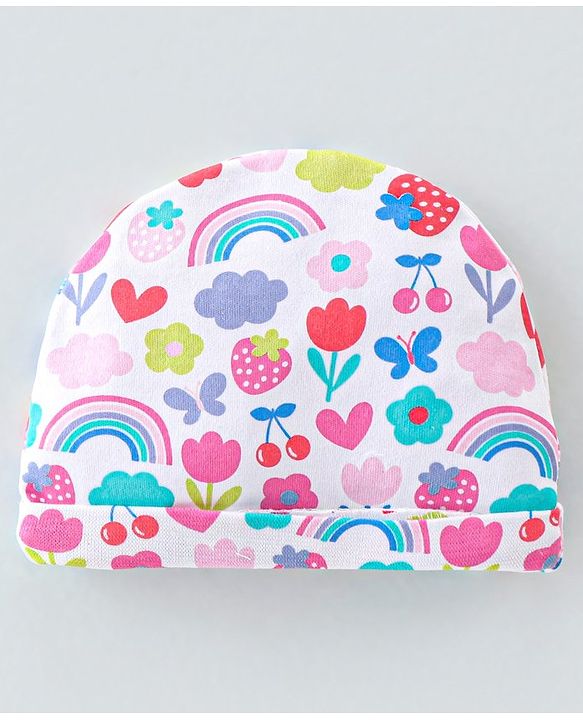Babyhug 100% Cotton Knit Cap Mittens & Booties  Rainbow Print White - Diameter 11.5cm