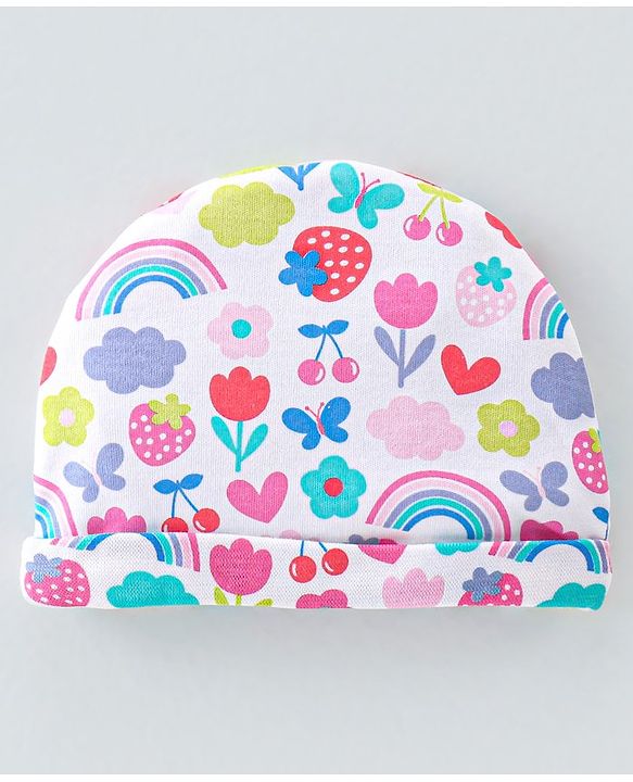 Babyhug 100% Cotton Knit Cap Mittens & Booties  Rainbow Print White - Diameter 11.5cm