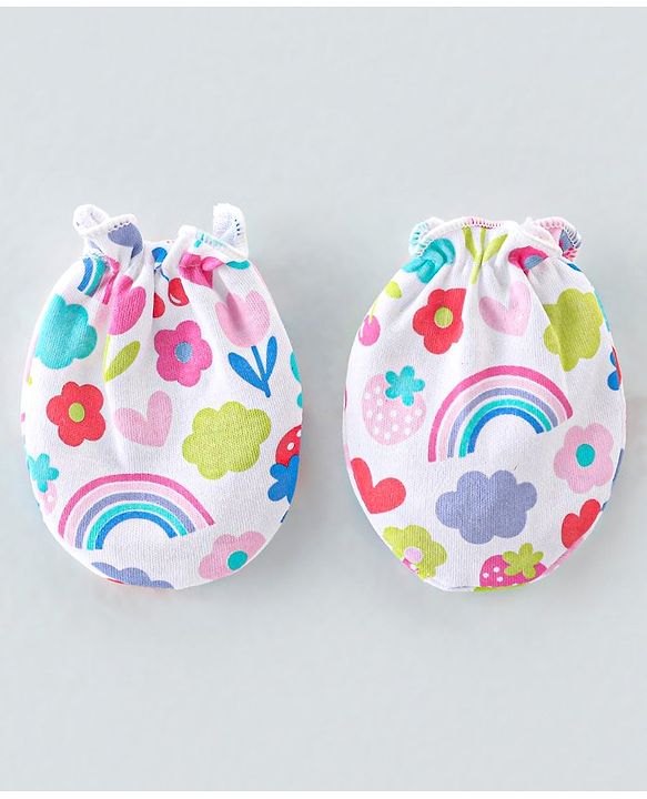 Babyhug 100% Cotton Knit Cap Mittens & Booties  Rainbow Print White - Diameter 11.5cm