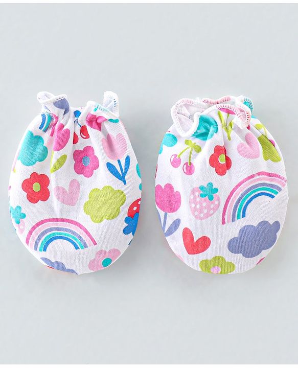 Babyhug 100% Cotton Knit Cap Mittens & Booties  Rainbow Print White - Diameter 11.5cm