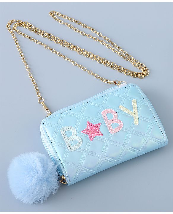 Babyhug Sling Bag with Sequin Baby Design & Fur Zipper - Blue