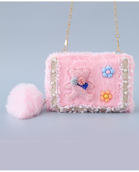 Babyhug Sling Bag with Teddy Applique & Fur Zipper - Pink
