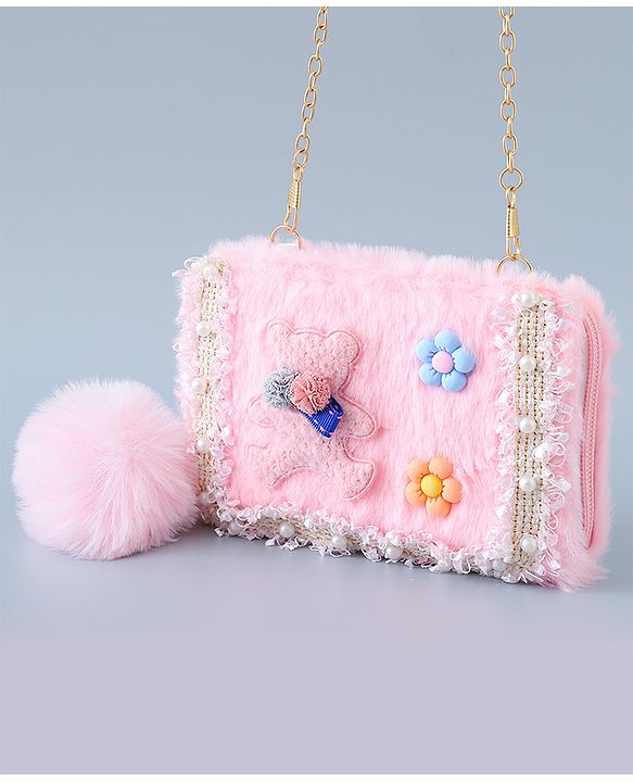 Babyhug Sling Bag with Teddy Applique & Fur Zipper - Pink