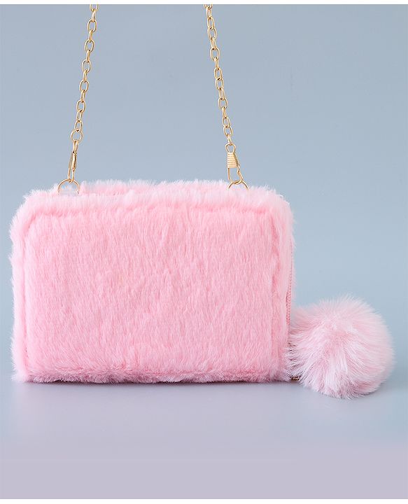Babyhug Sling Bag with Teddy Applique & Fur Zipper - Pink