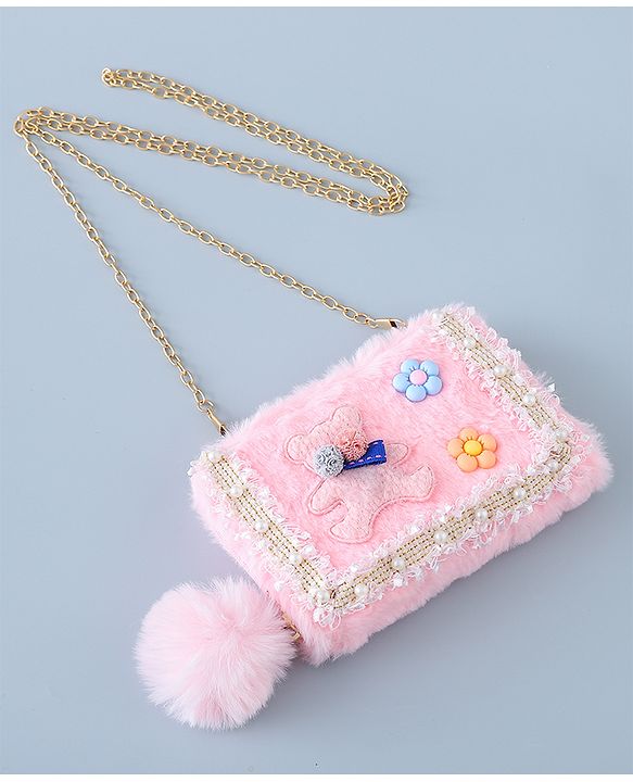 Babyhug Sling Bag with Teddy Applique & Fur Zipper - Pink