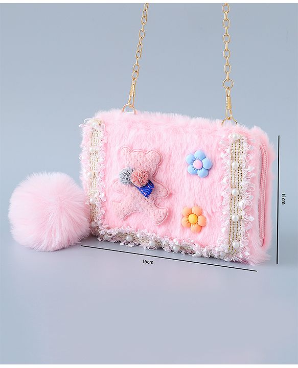 Babyhug Sling Bag with Teddy Applique & Fur Zipper - Pink