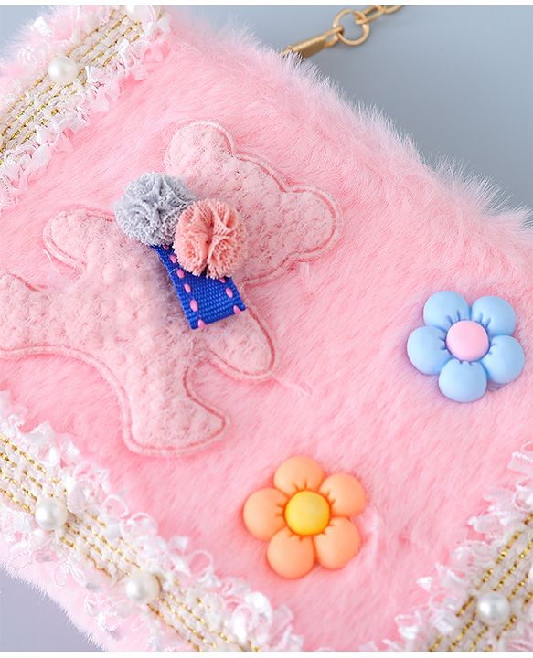 Babyhug Sling Bag with Teddy Applique & Fur Zipper - Pink