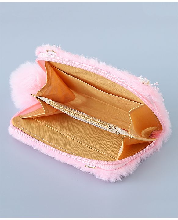 Babyhug Sling Bag with Teddy Applique & Fur Zipper - Pink