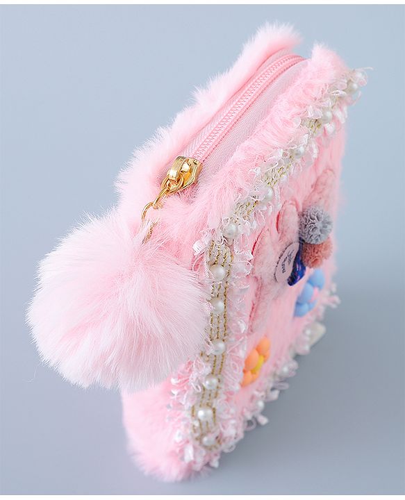 Babyhug Sling Bag with Teddy Applique & Fur Zipper - Pink