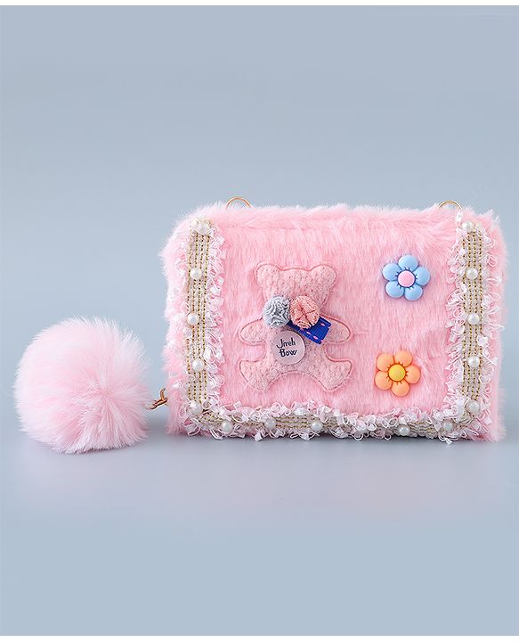 Babyhug Sling Bag with Teddy Applique & Fur Zipper - Pink