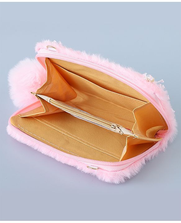 Babyhug Sling Bag with Teddy Applique & Fur Zipper - Pink