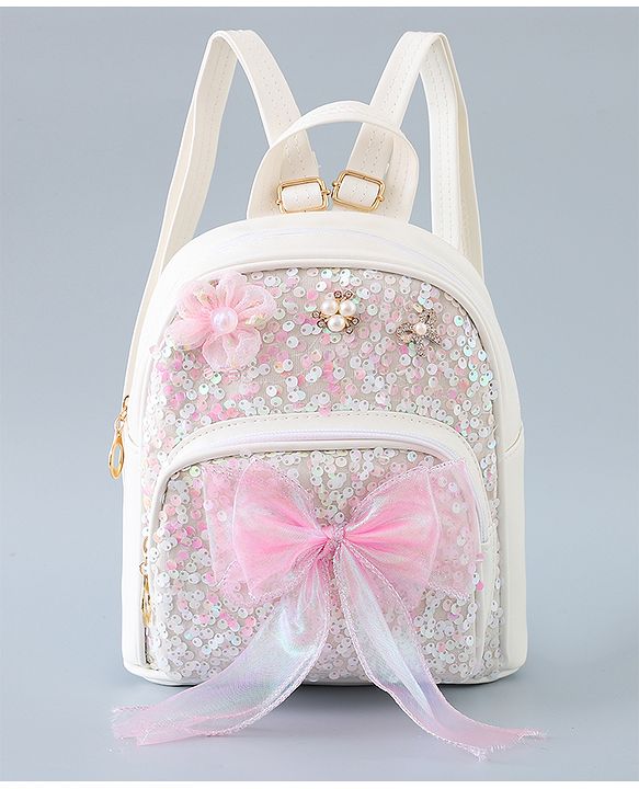 Babyhug Fashion Backpack with Flower & Bow Applique - White