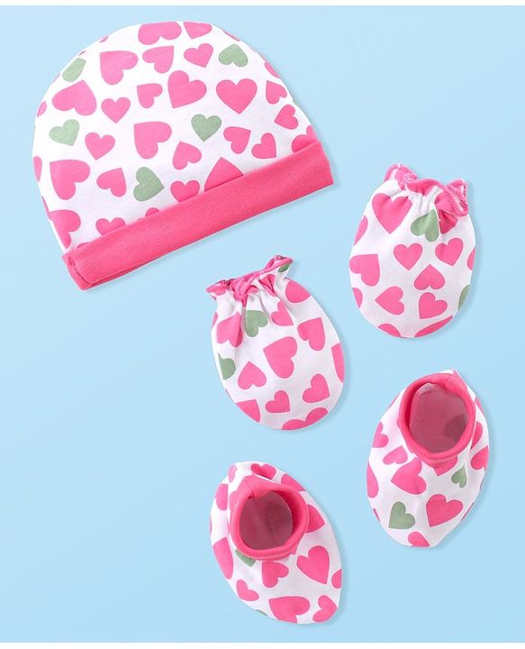 Babyhug 100% Cotton Knitted Cap Mittens & Booties with Heart Print- Pink