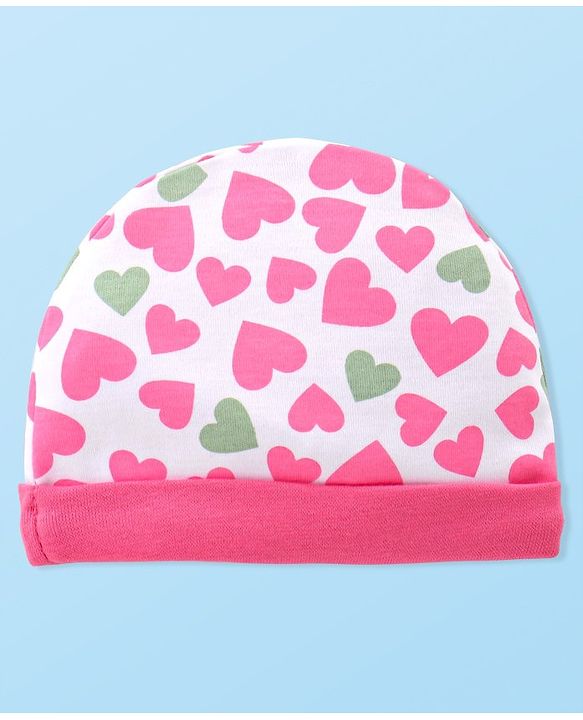 Babyhug 100% Cotton Knitted Cap Mittens & Booties with Heart Print- Pink