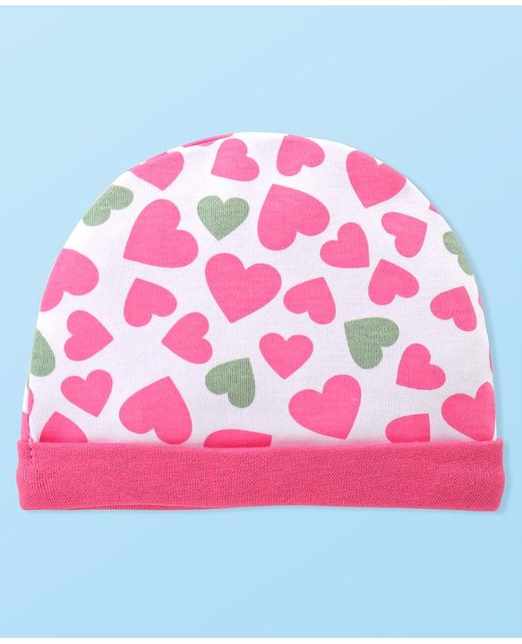 Babyhug 100% Cotton Knitted Cap Mittens & Booties with Heart Print- Pink