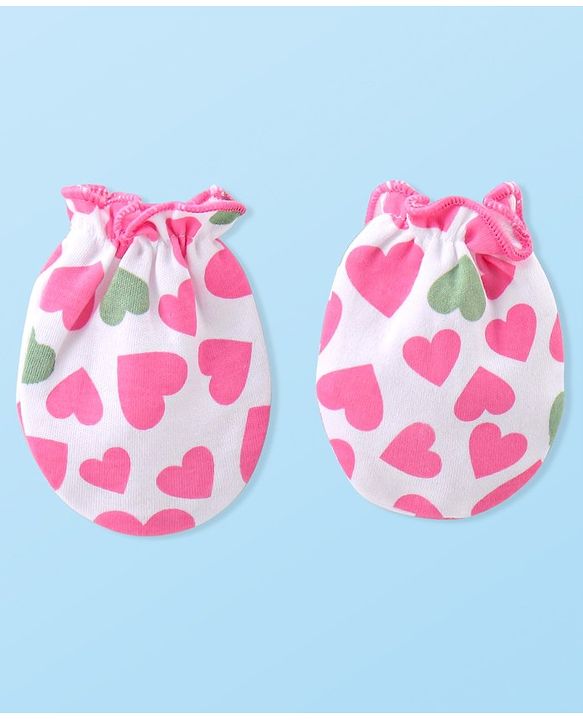 Babyhug 100% Cotton Knitted Cap Mittens & Booties with Heart Print- Pink