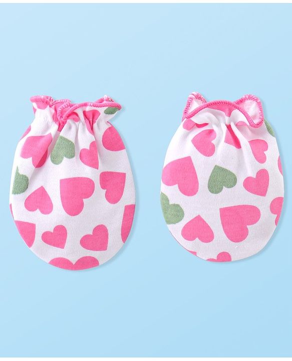 Babyhug 100% Cotton Knitted Cap Mittens & Booties with Heart Print- Pink