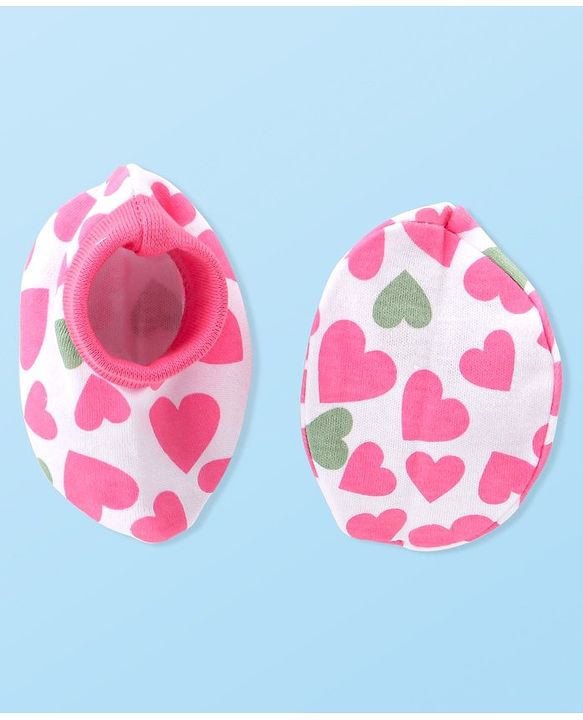 Babyhug 100% Cotton Knitted Cap Mittens & Booties with Heart Print- Pink