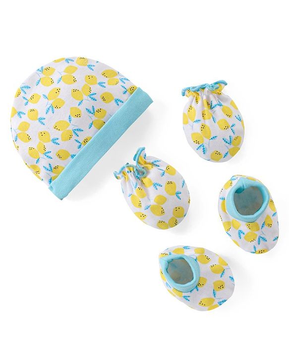 Babyhug 100% Cotton Cap Mittens And Booties Fruit Print -Yellow