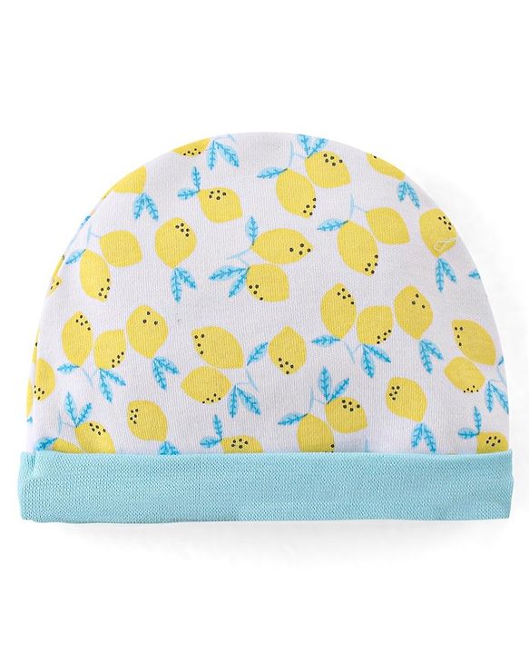 Babyhug 100% Cotton Cap Mittens And Booties Fruit Print -Yellow