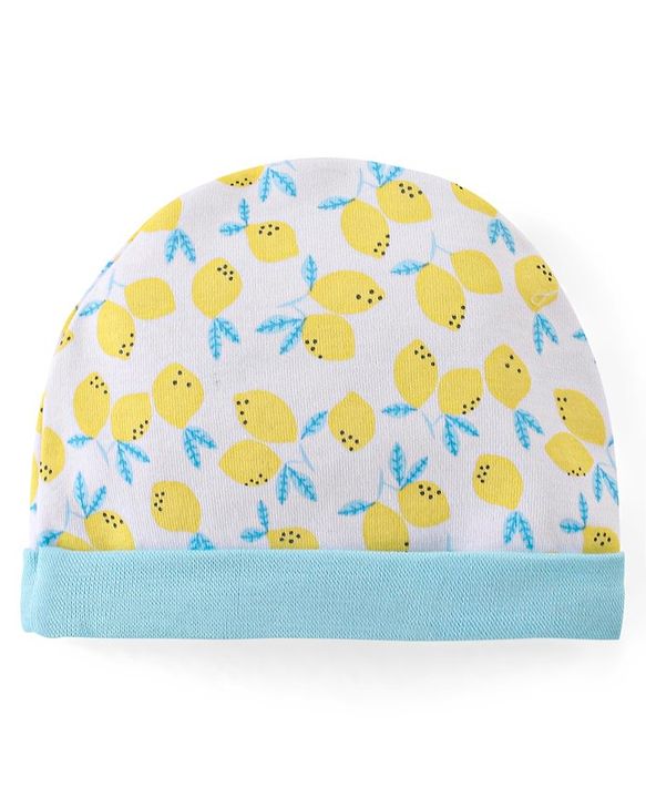 Babyhug 100% Cotton Cap Mittens And Booties Fruit Print -Yellow