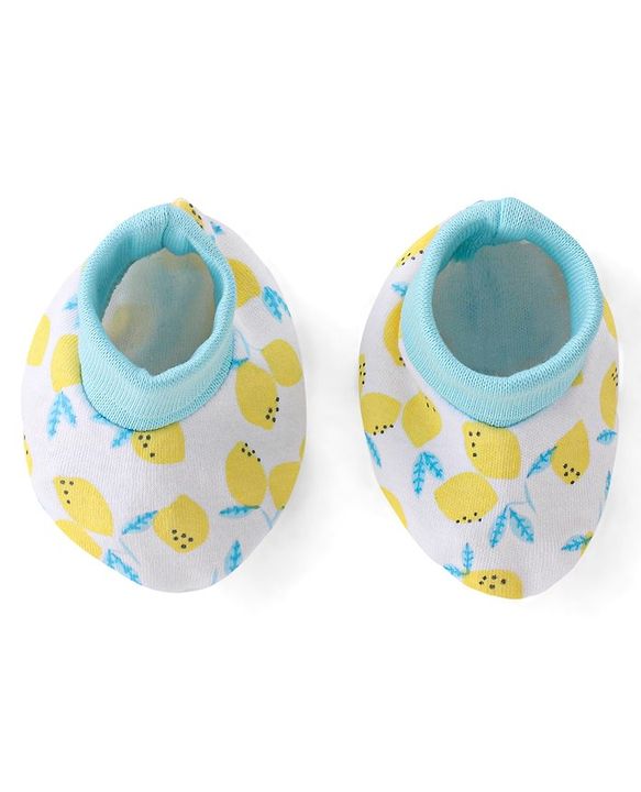 Babyhug 100% Cotton Cap Mittens And Booties Fruit Print -Yellow