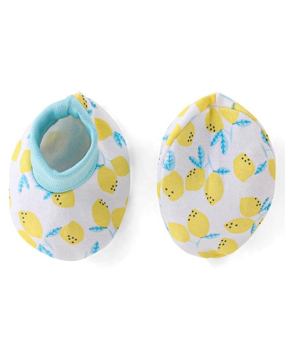 Babyhug 100% Cotton Cap Mittens And Booties Fruit Print -Yellow