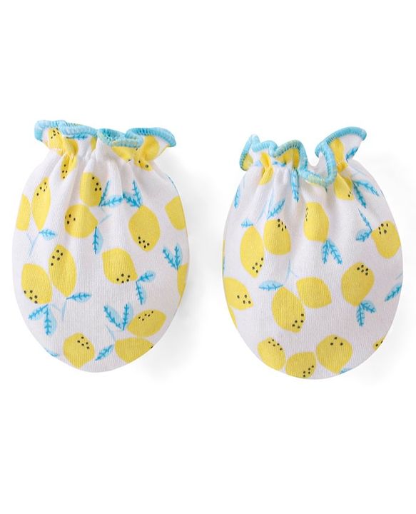 Babyhug 100% Cotton Cap Mittens And Booties Fruit Print -Yellow