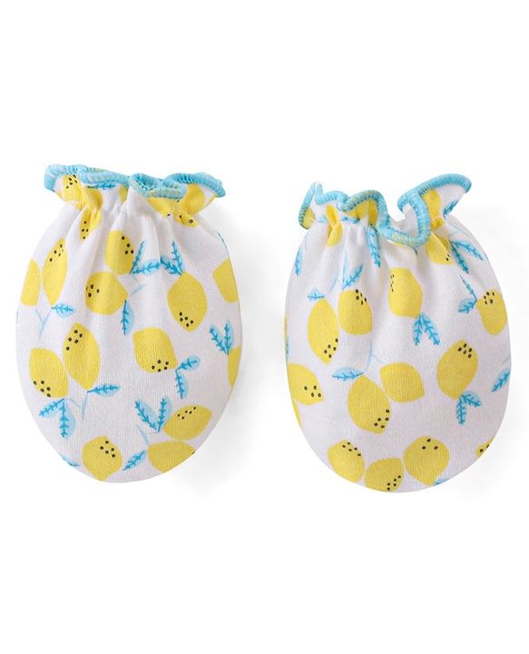 Babyhug 100% Cotton Cap Mittens And Booties Fruit Print -Yellow