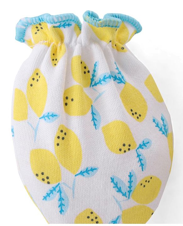 Babyhug 100% Cotton Cap Mittens And Booties Fruit Print -Yellow