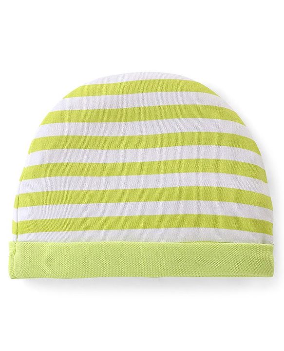 Babyhug 100% Cotton Knit  Cap Mittens & Booties Set Striped - Green  & White