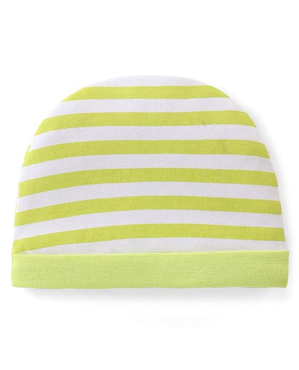 Babyhug 100% Cotton Knit  Cap Mittens & Booties Set Striped - Green  & White
