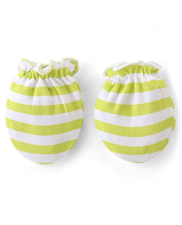 Babyhug 100% Cotton Knit  Cap Mittens & Booties Set Striped - Green  & White