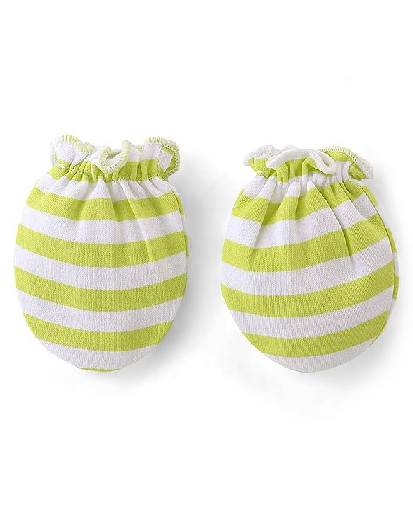 Babyhug 100% Cotton Knit  Cap Mittens & Booties Set Striped - Green  & White