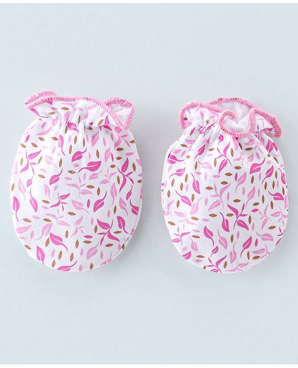Babyhug 100% Cotton Knit Mittens & Booties Set Leaf Print- Pink & White