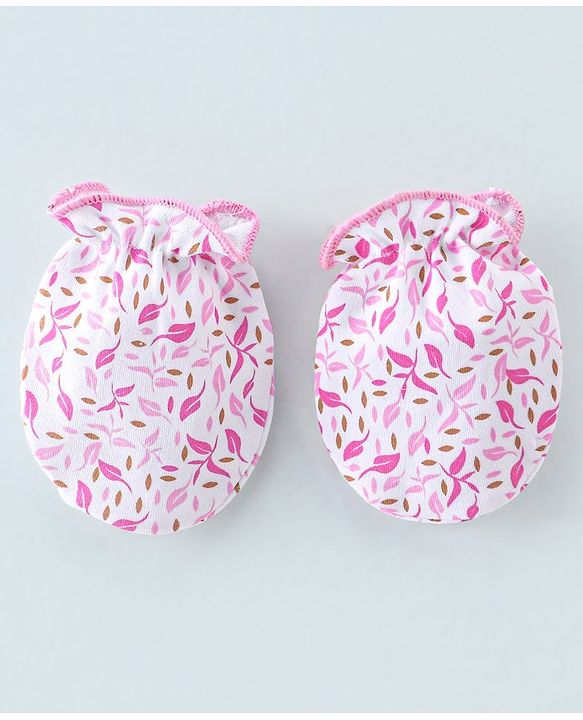 Babyhug 100% Cotton Knit Mittens & Booties Set Leaf Print- Pink & White